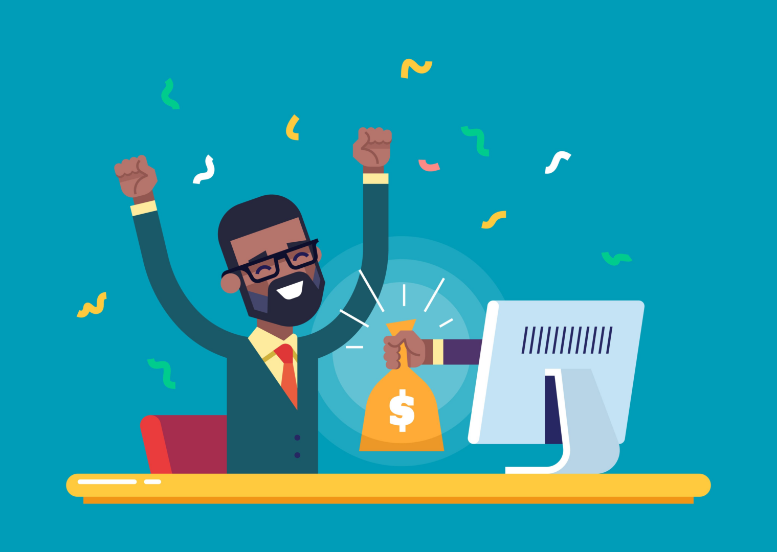 A graphic of a man winning money